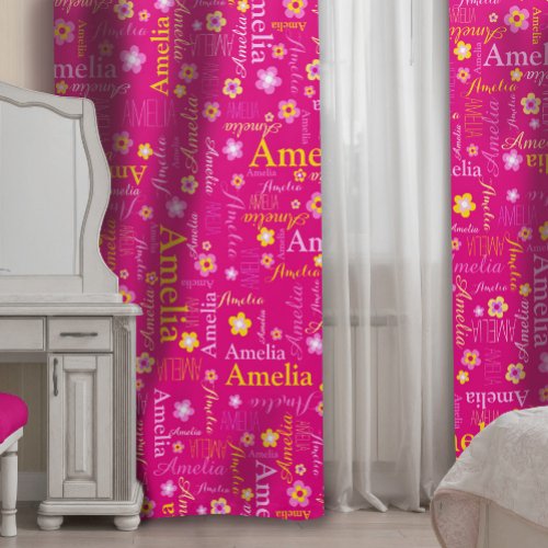 Pink flower and name graphic kids repeat patterned blackout curtains