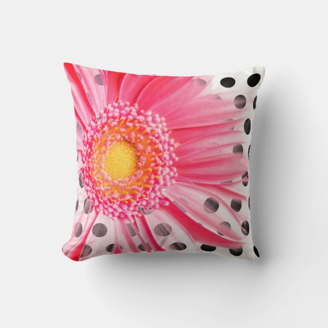 Pink Flower and Polka Dot Throw Pillow (Front)