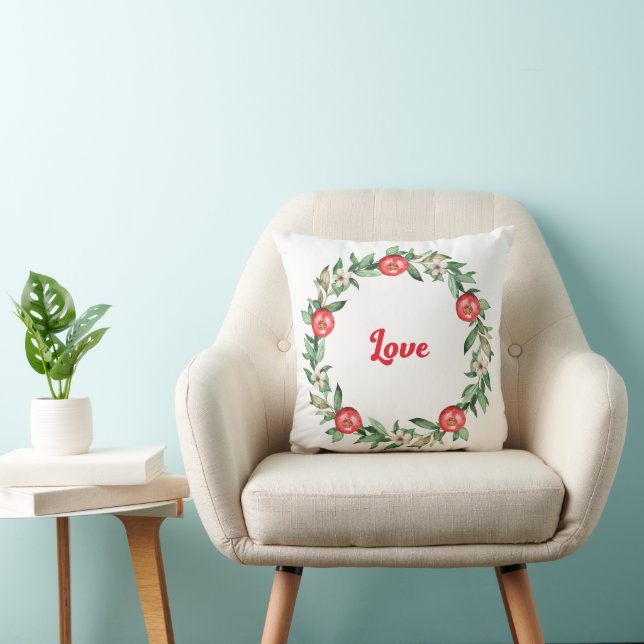Pink Flower and Pomegrana Christmas Wreath | Love  Throw Pillow (Chair)