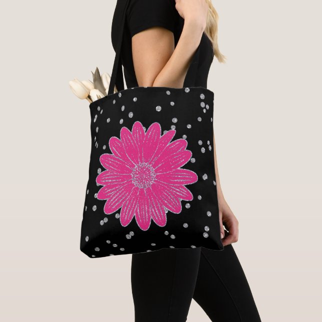 Pink Flower and Silver Glitter Tote Bag (Close Up)