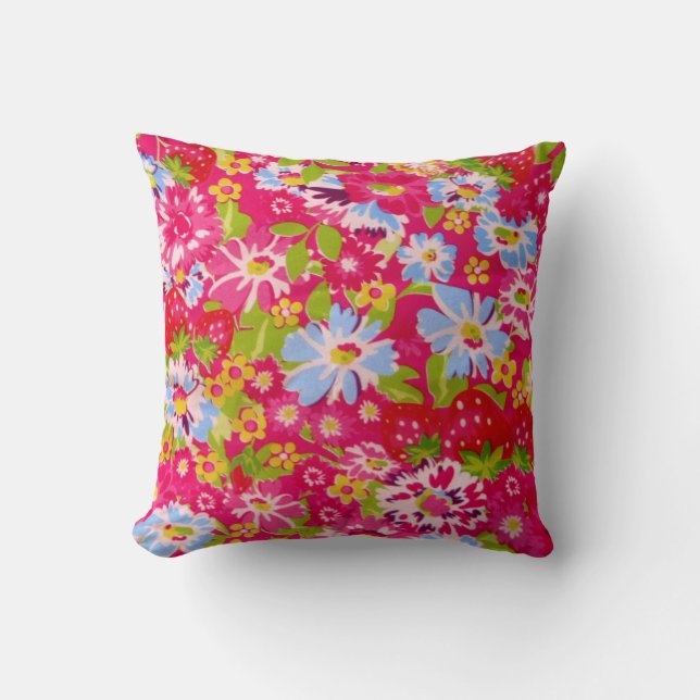 Pink flower and strawberry retro floral pillow (Front)
