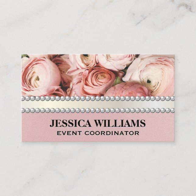 Pink Flower Arrangement | Pearls Business Card (Front)
