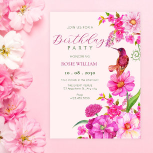 Pink flower art hummingbird birthday invitation
