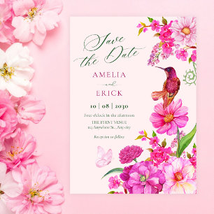 Pink flower art hummingbird wedding save the date