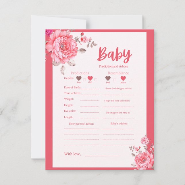 Pink Flower Baby Shower Prediction and Advice Game (Front)