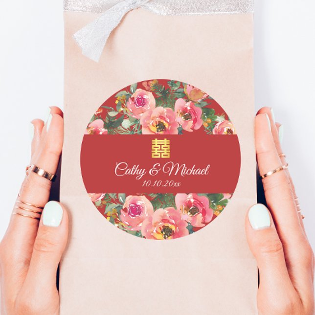 Pink flower background double happiness symbol classic round sticker (Creator Uploaded)