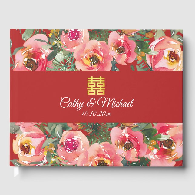 Pink flower background double happiness symbol guest book (Front)