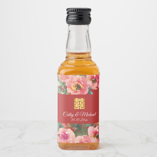 Pink flower background double happiness symbol liquor bottle label (Front)