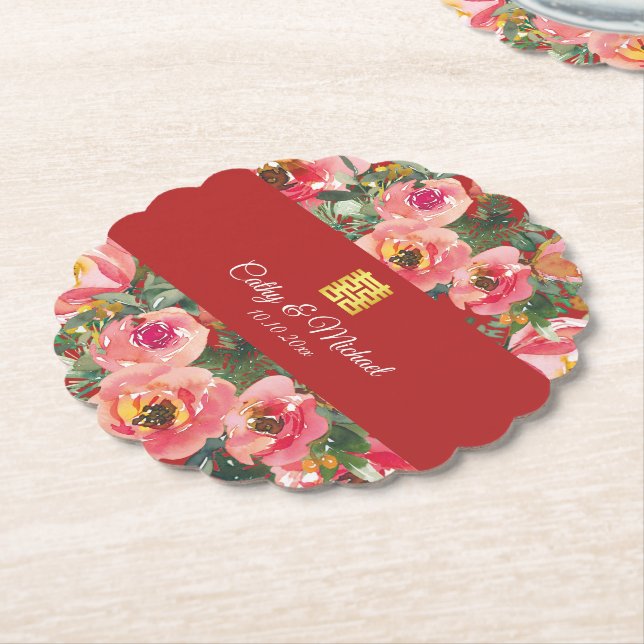 Pink flower background double happiness symbol paper coaster (Angled)
