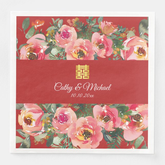 Pink flower background double happiness symbol paper dinner napkins (Front)