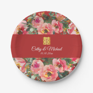 Pink flower background double happiness symbol paper plates