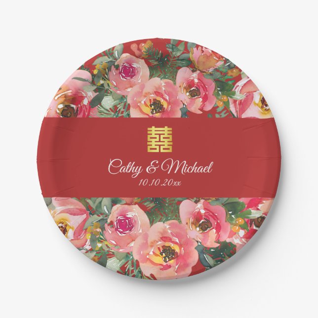 Pink flower background double happiness symbol paper plates (Front)