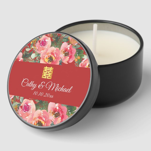 Pink flower background double happiness wedding mini candle favors (Corner)