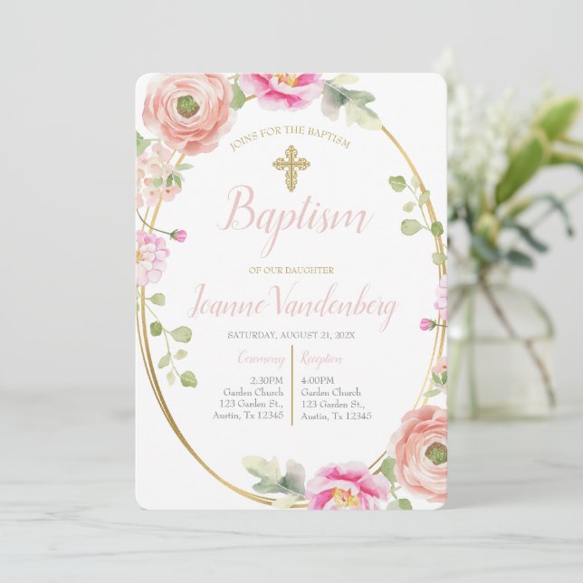 Pink flower baptism  invitation (Standing Front)
