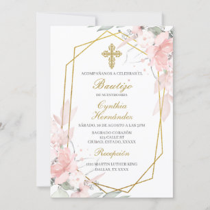 Pink flower Baptism Spanish Invitation