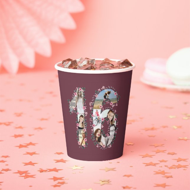 Pink Flower Big 16th Birthday Girl Photo Collage Paper Cups (Insitu)
