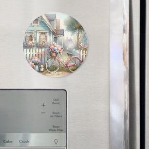 Pink Flower Bike at Blue Cottage Gate Magnet