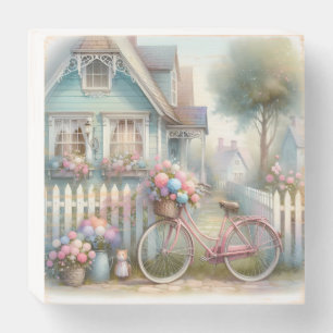 Pink Flower Bike at Blue Cottage Gate Wooden Box Sign