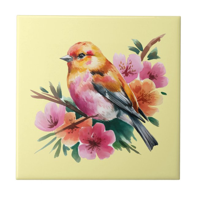 Pink Flower Bird Ceramic Tile (Front)