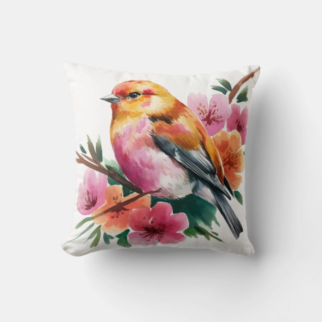 Pink Flower Bird Throw Pillow (Front)