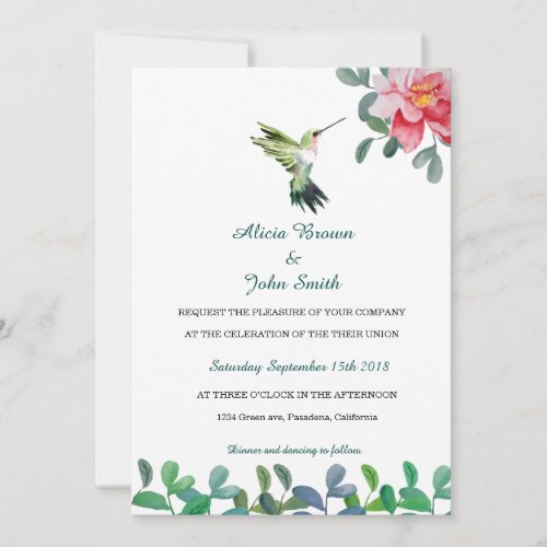 Pink flower  Bird Watercolor Wedding Card