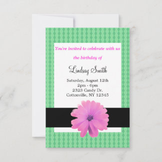 Pink Flower Black Ribbon Birthday Invitation
