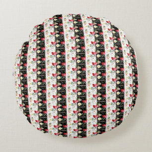 Pink flower black & white vertical Stripes vintage Round Pillow