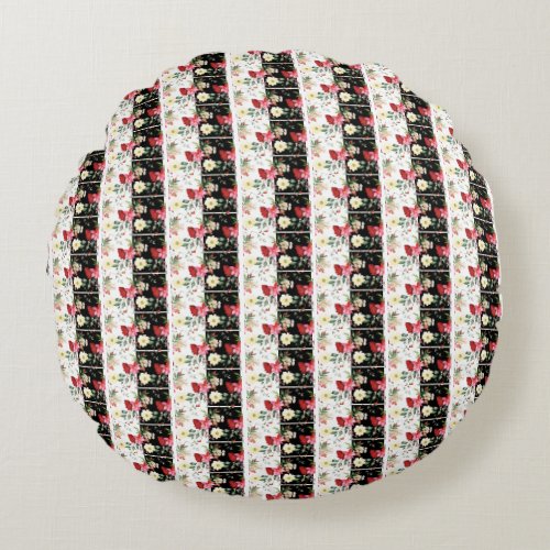 Pink flower black  white vertical Stripes vintage Round Pillow