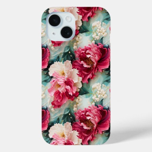 Pink flower blooms and leaves iPhone 15 case