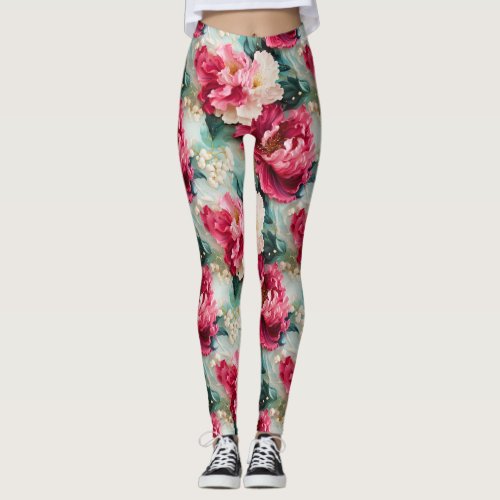 Pink flower blooms and leaves leggings