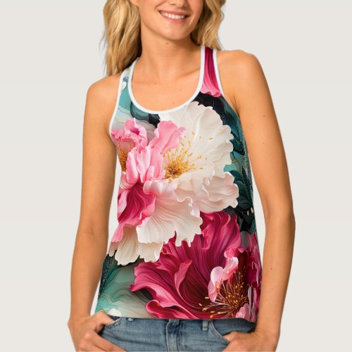Pink flower blooms and leaves tank top