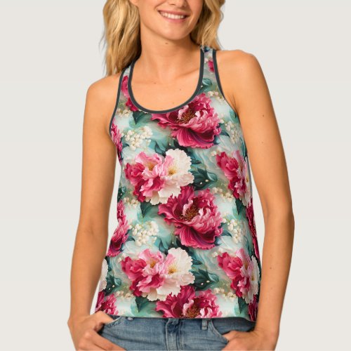 Pink flower blooms and leaves tank top