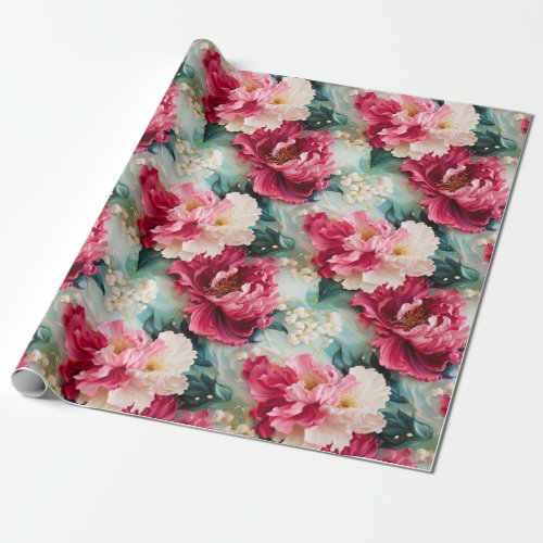 Pink flower blooms and leaves wrapping paper