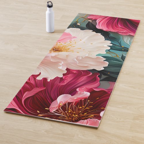 Pink flower blooms and leaves yoga mat