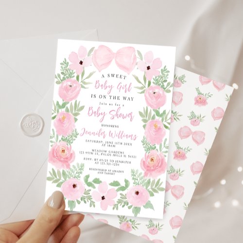 Pink flower blooms cute bow boho baby girl shower invitation