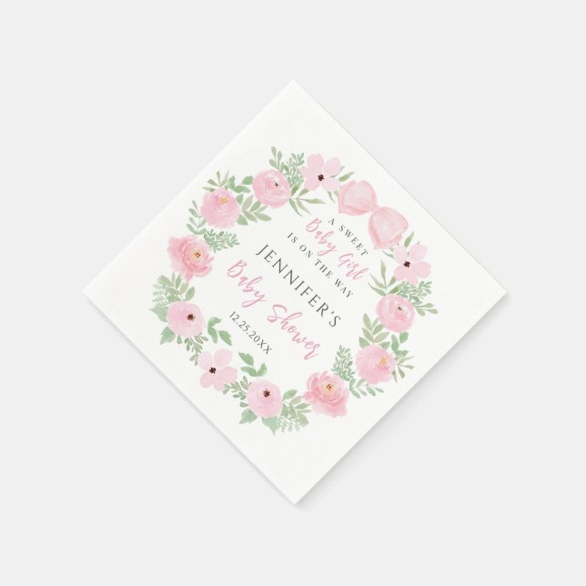 Pink flower blooms with cute bow baby girl shower napkins (Corner)