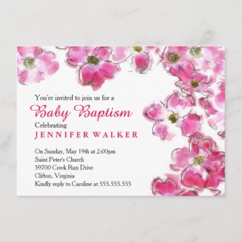 Pink Flower Blossoms Baby Baptism Dedication Invitation by OnceForAll at Zazzle