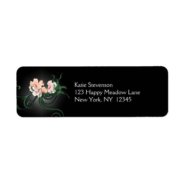 Pink Flower Blossoms on a Black Background Label (Front)