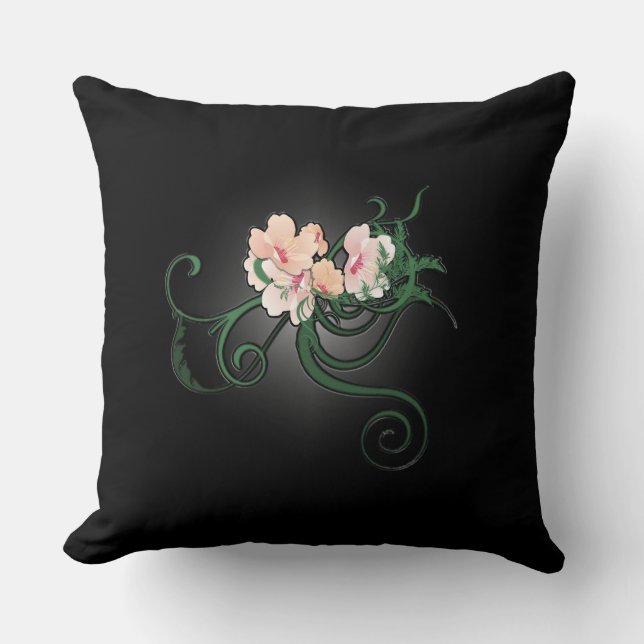 Pink Flower Blossoms on a Black Background Throw Pillow (Front)