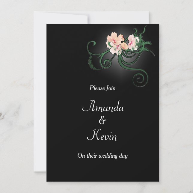 Pink Flower Blossoms on Black Wedding Invitation (Front)