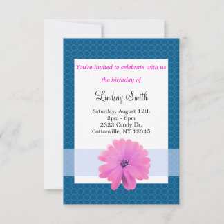 Pink Flower Blue Ribbon Birthday Invitation