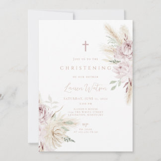 Pink flower boho christening invitation