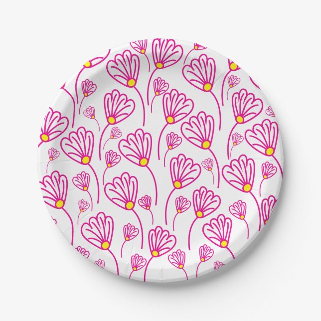 Pink Flower Boho Floral Paper Plates (Front)