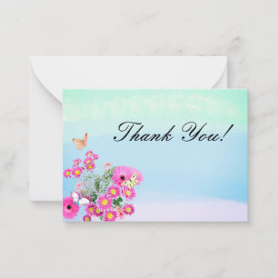 Pink Flower Bouquet and Butterflies Thank You Note Card