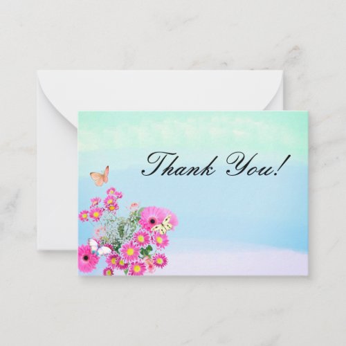 Pink Flower Bouquet and Butterflies Thank You Note Card