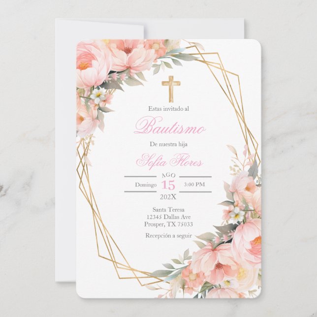 Pink flower bouquet Baptism in Spanish Invitation (Front)
