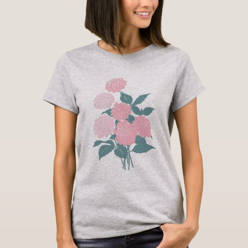 Pink Flower Bouquet Block Print Drawing Design T_Shirt