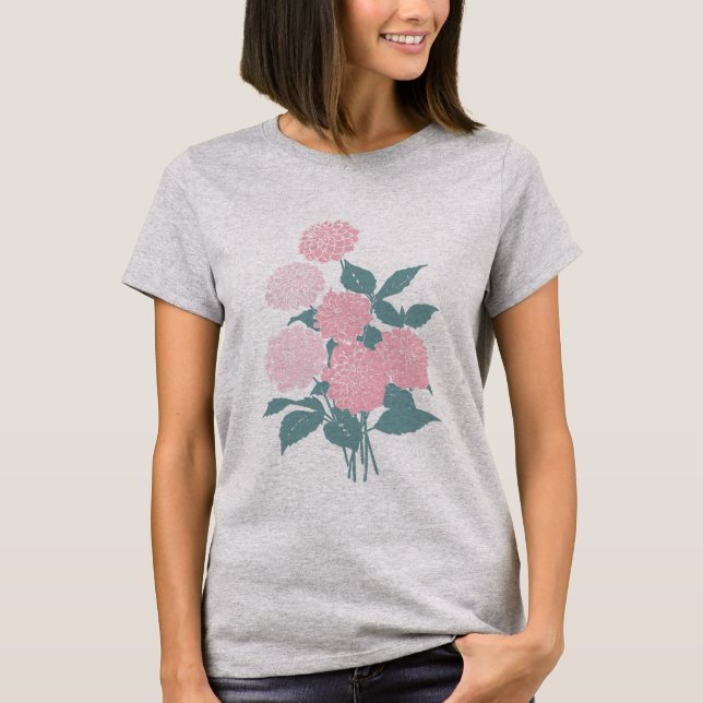 Pink Flower Bouquet Block Print Drawing Design T-Shirt (Front)
