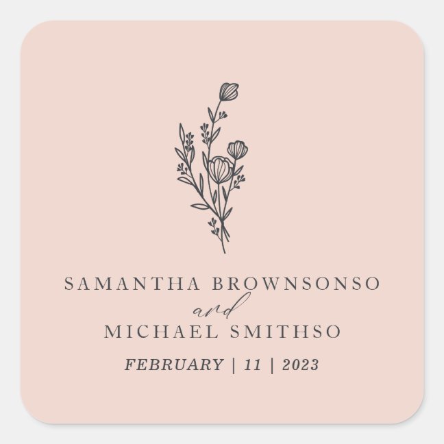 Pink Flower Bouquet Name Floral Minimal Wedding Square Sticker