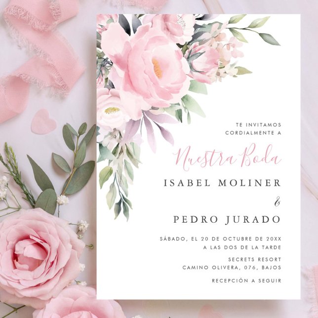 Pink Flower Bouquet Nuestra Boda Spanish Wedding Invitation (Creator Uploaded)